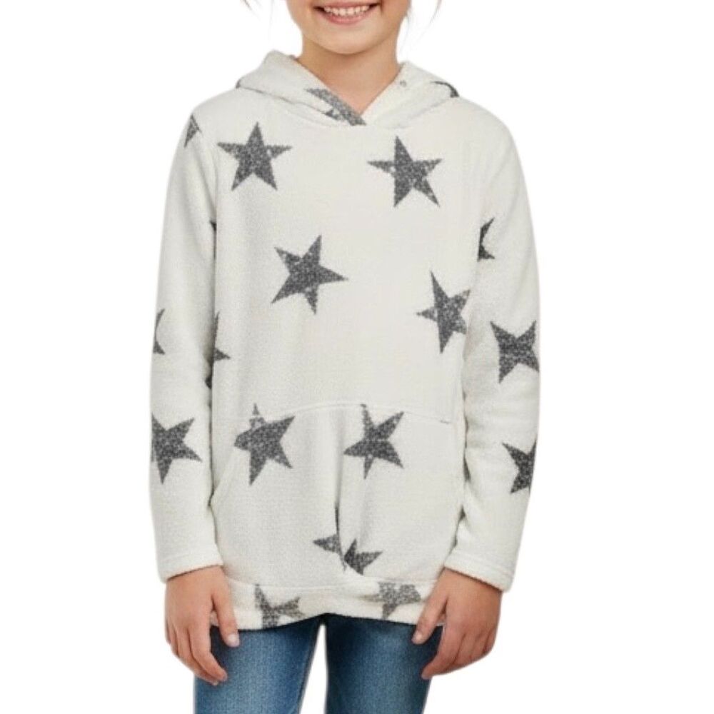 Moa Moa Girl's Long Sleeve Hooded Top w/ Stars Print & Twist Front Size S White